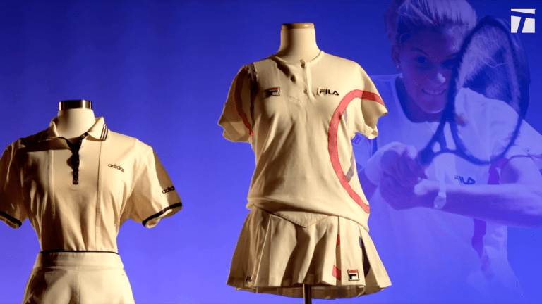 Left: What Graf wore during her win over Seles in the 1996 US Open final; middle: what Seles wore during her win over Graf in the 1990 French Open final; right: the two-hander—both with Seles' forehand and backhand—that shook up the tennis world.